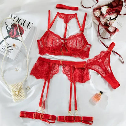 Tornova - Conjunto de ropa interior sexy con bordado de 5 piezas para mujer, de malla con retazos, transparente, con cuello halter y ligas, lencería sexy