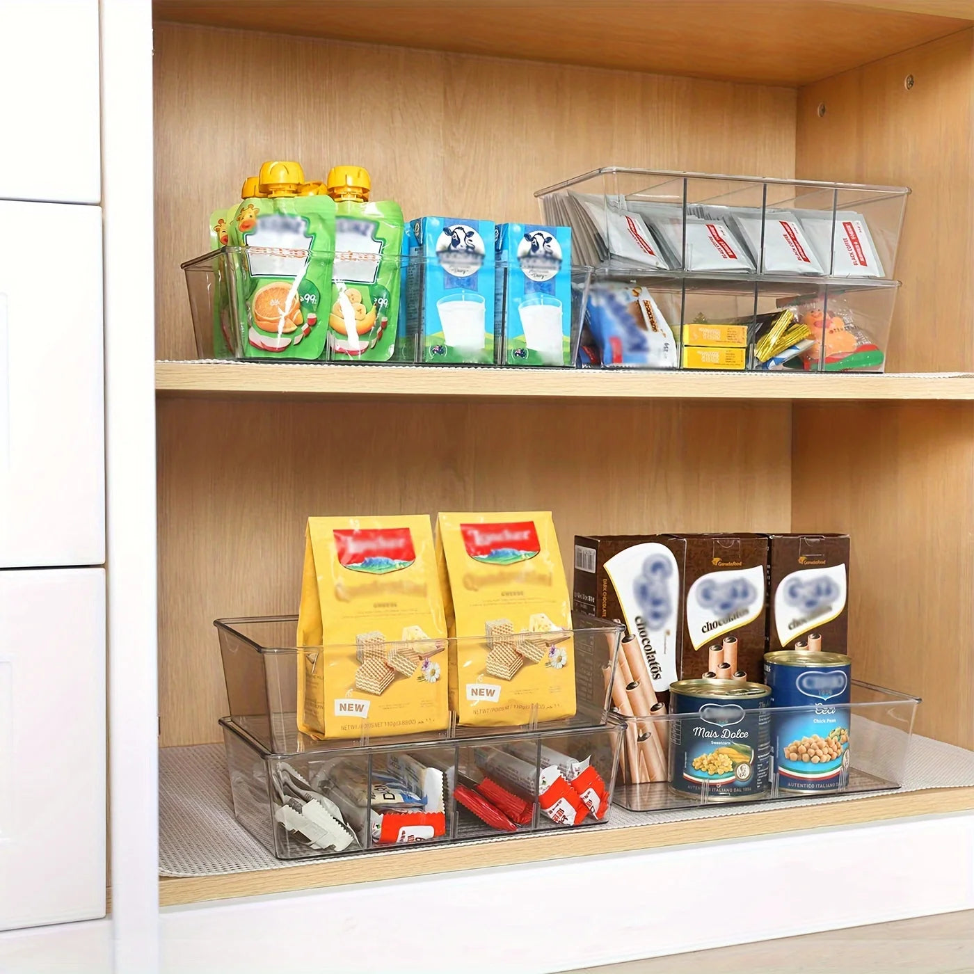 Contenedor transparente para almacenar refrigerios, apilable, ajustable y fácil de limpiar. Ideal para condimentos, especias y cajas de embalaje.