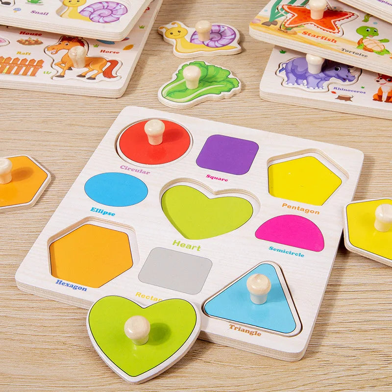 Rompecabezas de madera Montessori, juguetes para niños, dibujos animados de animales, tráfico, tableros de agarre, juguetes educativos de aprendizaje temprano para niños.