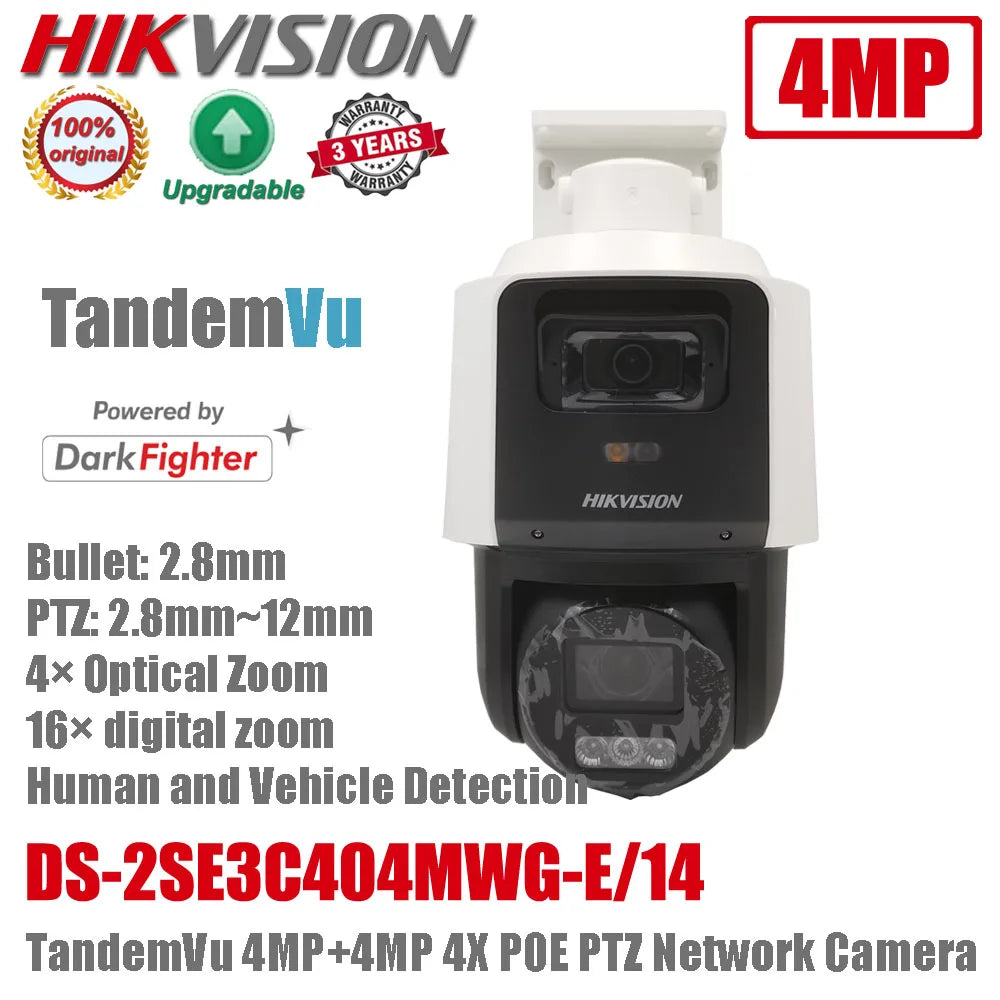 Cámara de red PTZ DarkFighter Hikvision DS-2SE3C404MWG-E/14 TandemVu original de 4MP+4MP con zoom óptico 4x y zoom digital 16x, infrarrojos y PoE.