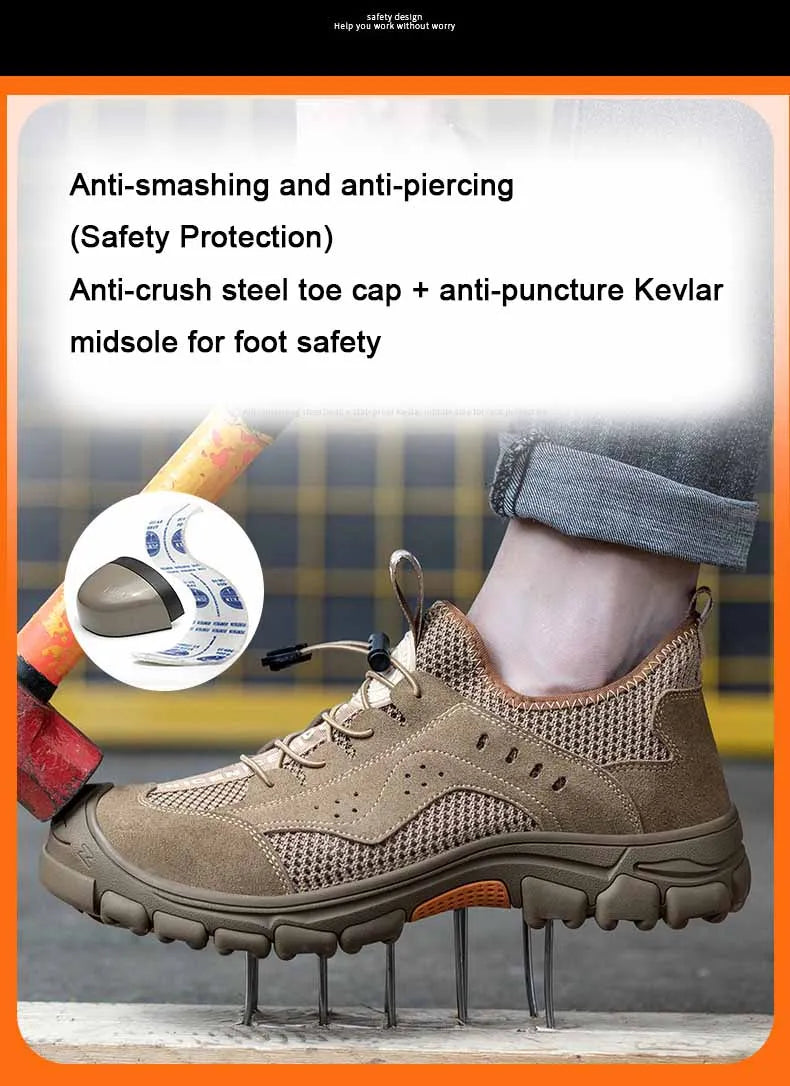 Zapatos de seguridad de piel de vaca, transpirables, para hombre, con puntera de acero, resistentes a impactos, botas de trabajo, indestructibles, zapatillas de trabajo modernas.