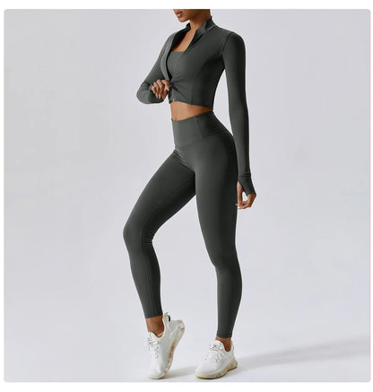 Conjunto de yoga de 3 piezas para mujer, conjuntos de entrenamiento, ropa deportiva para gimnasio, ropa deportiva con cremallera, leggings de manga larga y cintura alta, trajes deportivos, traje de yoga