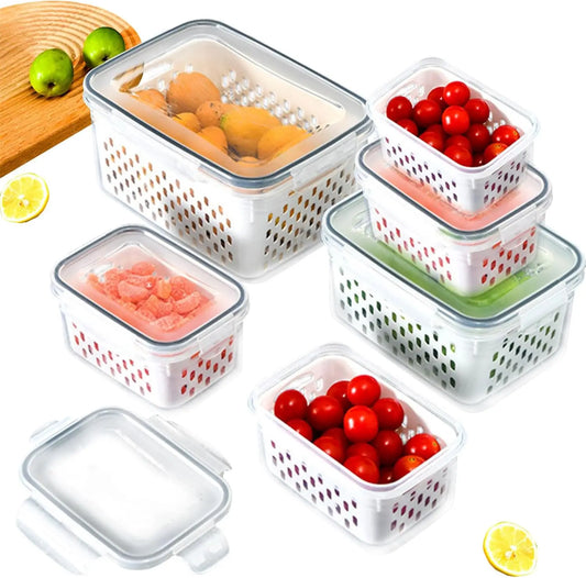 Juego de contenedores de almacenamiento de alimentos para refrigerador con tapas y colador, organizador de plástico para productos frescos, verduras, frutas y carne.