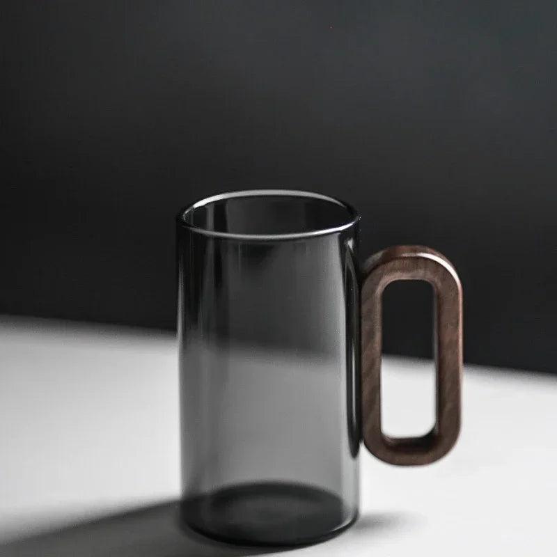 Tazas de té de vidrio de borosilicato de 360 ml, resistentes al calor, transparentes, con mango de madera, para agua potable, para el hogar y la oficina.