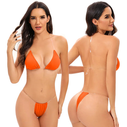 Traje de baño para mujer, bikini sexy transparente con tirantes triangulares, tanga de dos piezas, color sólido, ropa de playa, traje de baño para spa