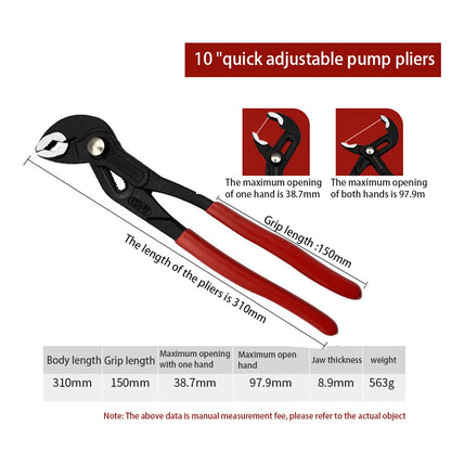 Alicates para bomba de agua de 7 a 12 pulgadas, multifunción, automáticos, con mango de plástico, llave de tubo ajustable, herramienta de plomería para baño de gran apertura.
