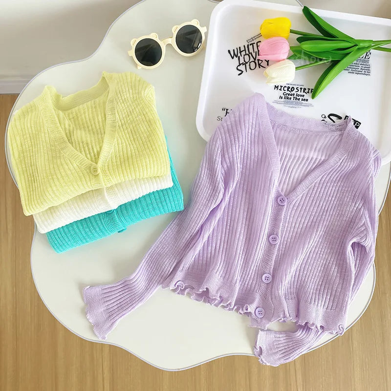 Ropa para niños, cárdigan de punto para niñas, novedad de verano 2025, estilo extranjero, camisa fina con protección solar para bebés.