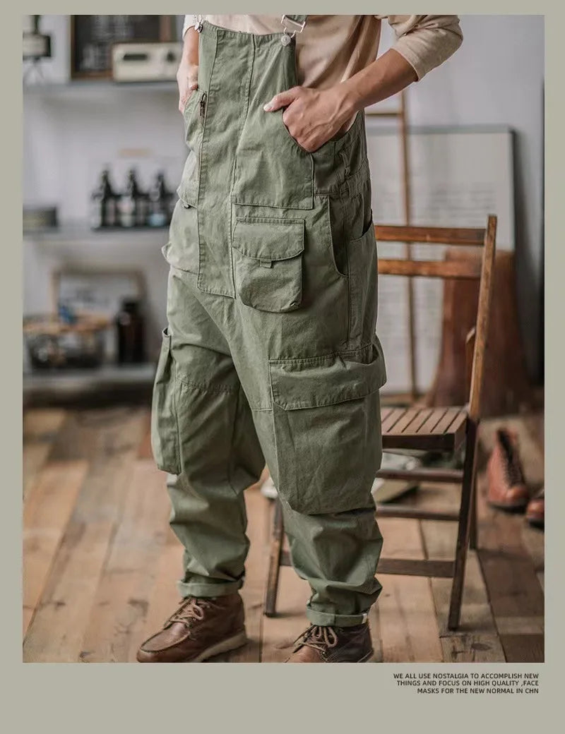 Retro American Cotton Overalls Bibs Loose Washing Jumpsuit Men's Suspenders Four Seasons Full Length Baggy Pants