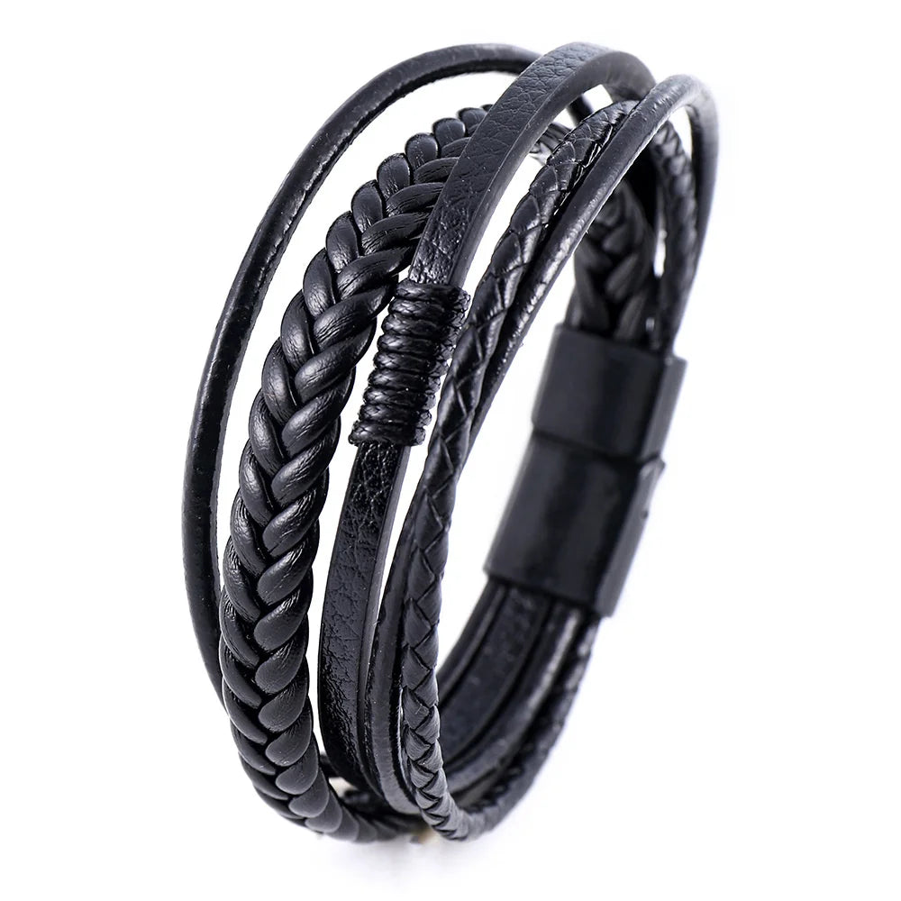Pulseras de cuero de moda para hombre, pulseras de cuerda trenzada multicapa de acero inoxidable para hombre, pulseras de joyería para hombre.