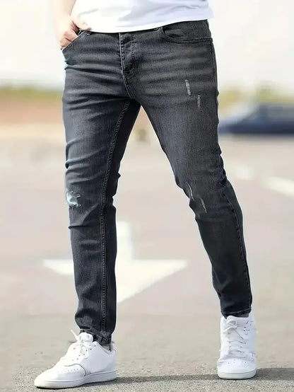 Pantalones vaqueros elásticos de corte ajustado para hombre, estilo urbano clásico informal, con cremallera, de mezclilla, de diseñador, en negro y azul.