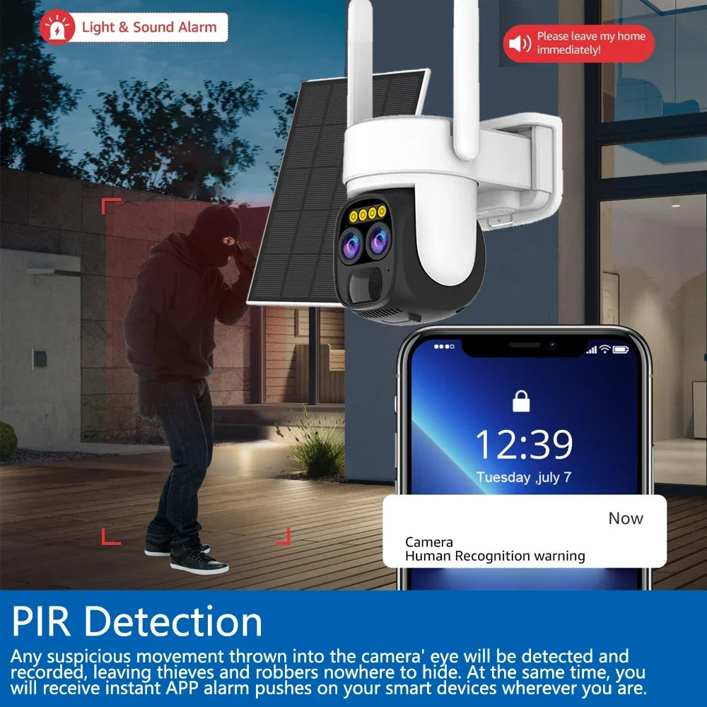 Cámara IP de vigilancia CCTV con zoom PTZ 10X, 10MP, 5K, WiFi, doble lente, audio, seguimiento automático por IA, zoom óptico 10X, 10MP, WiFi y alimentación solar.