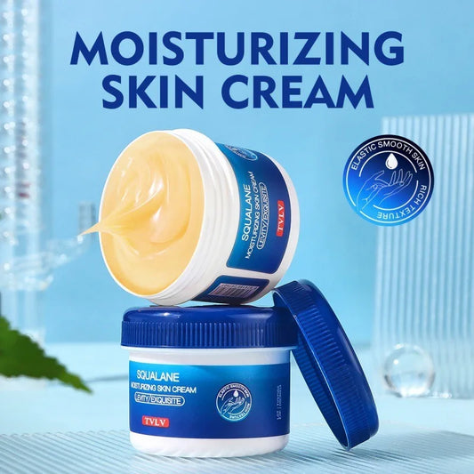 Crema de escualano ultra nutritiva para piel seca y áspera. Hidrata profundamente. Previene el agrietamiento y la sequedad. Refrescante pero no grasosa.