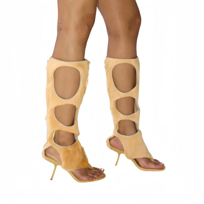 Botas de lujo para mujer (2025) | Tacón de aguja recortado con crin de caballo auténtica y cremallera trasera | Zapatos de vestir para fiestas de noche y club
