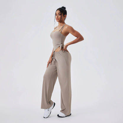 Conjunto de yoga de 2 piezas para mujer, camisetas deportivas con lazo lateral, top corto de entrenamiento, conjunto de fitness, leggings de cintura alta para correr y gimnasio