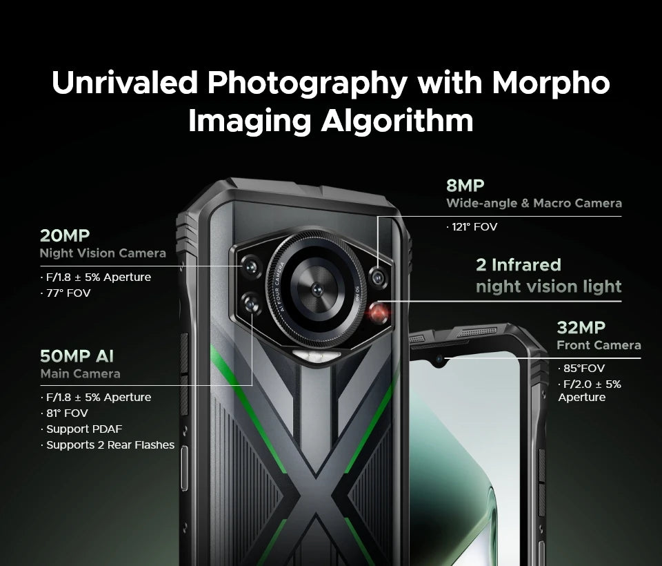 Teléfono resistente DOOGEE S Cyber ​​Pro, 12 GB de RAM, 512 GB de almacenamiento, procesador Helio G100, pantalla IPS FHD+ de 6,6" y 120 Hz, batería de gran capacidad de 10800 mAh, carga de 33 W y NFC.