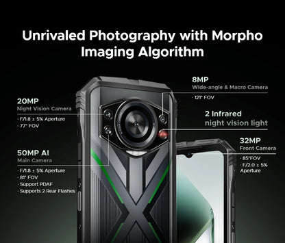 Teléfono resistente DOOGEE S Cyber ​​Pro, 12 GB de RAM, 512 GB de almacenamiento, procesador Helio G100, pantalla IPS FHD+ de 6,6" y 120 Hz, batería de gran capacidad de 10800 mAh, carga de 33 W y NFC.