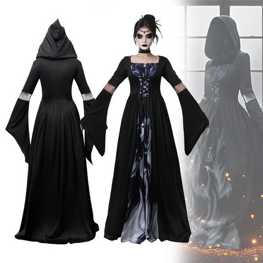 Halloween Witch Dress Skeleton Witch Sorcerer Adult Women Cosplay Costume Hood Skirt Stage Performance Modern Dance Wear Outfits
