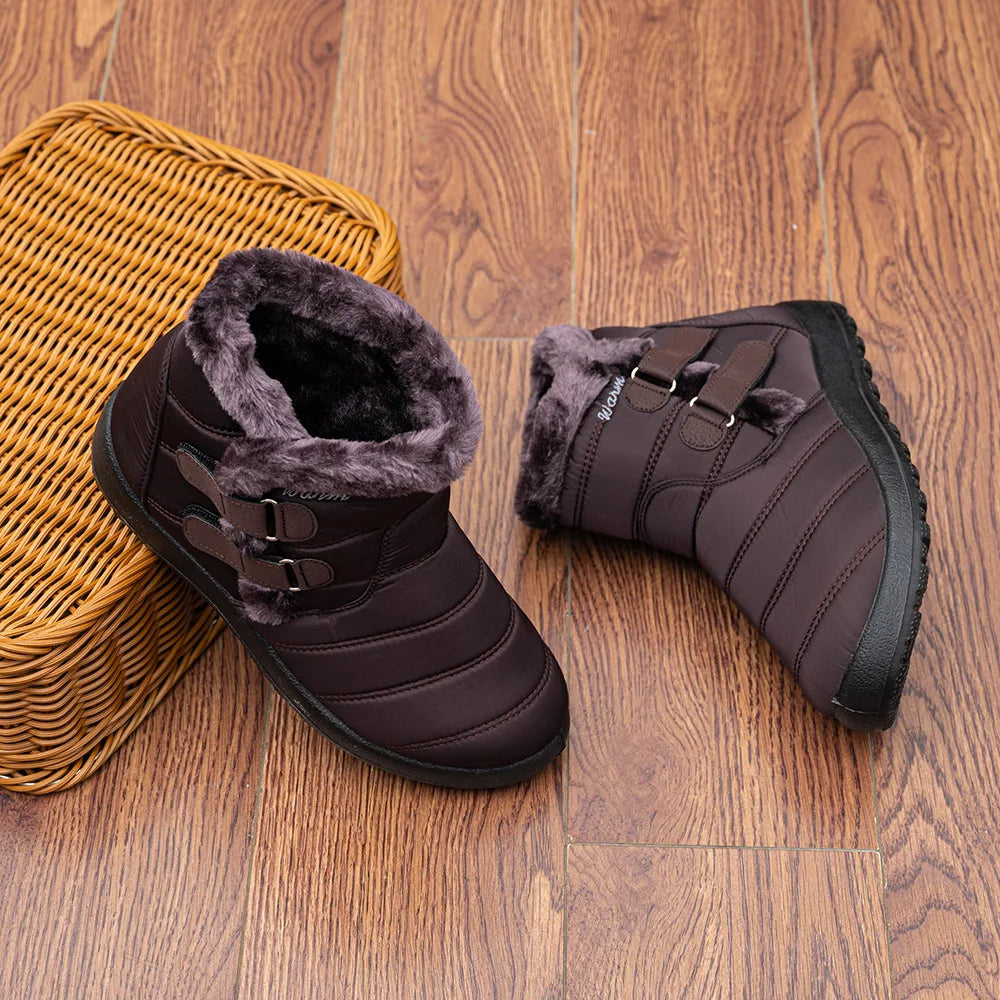 Botas de nieve cálidas de piel para mujer, botines de tobillo de talla grande, informales, planos, de invierno, antideslizantes, a la moda, impermeables