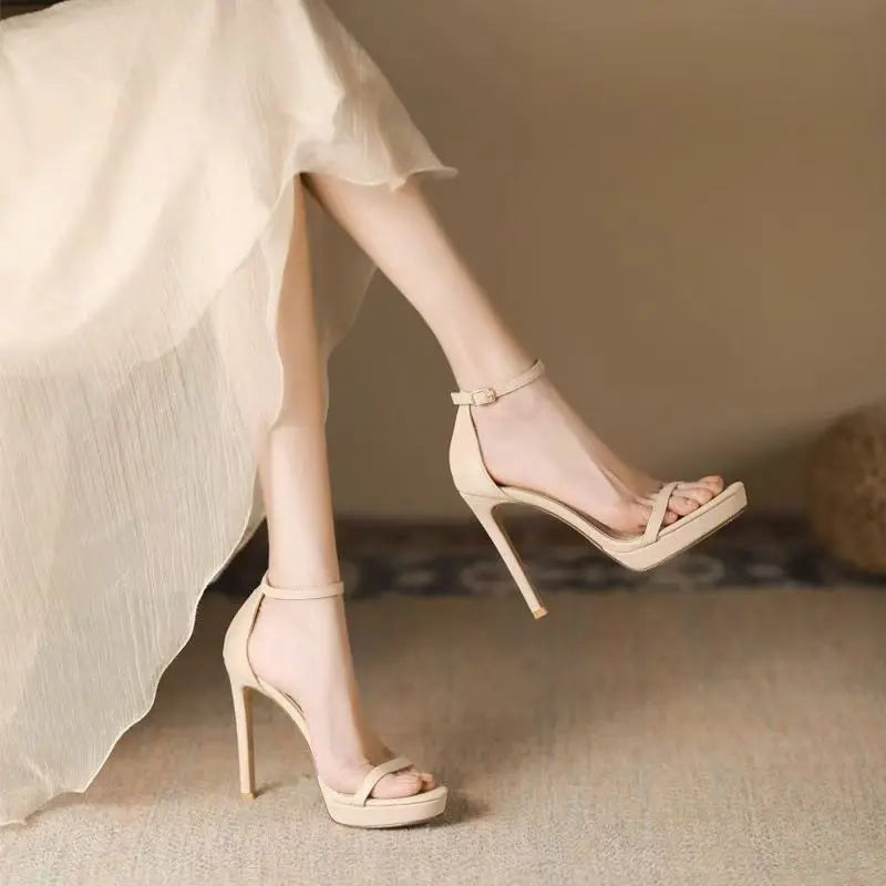 Sandalias elegantes y sexys de tacón alto para mujer, zapatos de verano con punta abierta, suela de goma y punta redonda, estilo coreano, 2025