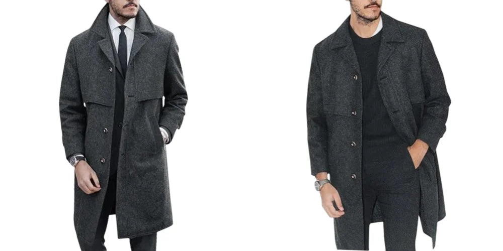 Abrigo de solapa para hombre, traje informal de oficina y urbano, mezcla de lana, para actividades al aire libre, con forro, chaqueta larga, talla europea/estadounidense, de un solo botón.