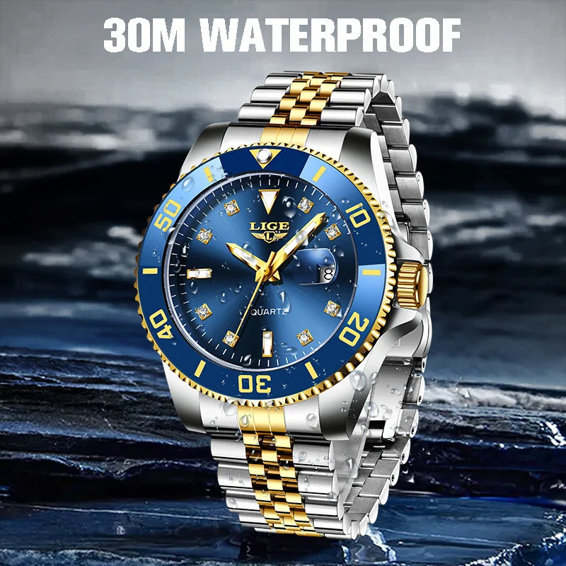 Reloj de lujo LIGE para hombre, reloj de cuarzo con esfera engastada de diamantes, resistente al agua, calendario, mariposa, doble cierre, acero inoxidable.
