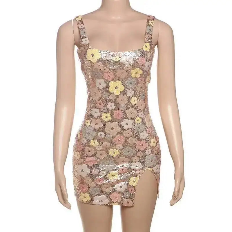 Vestido de fiesta sexy para mujer, estilo discoteca, con lentejuelas florales, tipo pueblo, tirantes finos, mini, primavera/verano 2025, vestido ajustado y entallado.