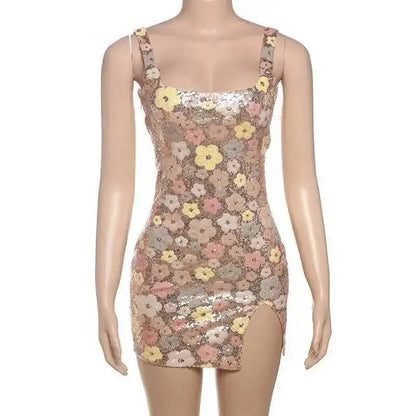 Vestido de fiesta sexy para mujer, estilo discoteca, con lentejuelas florales, tipo pueblo, tirantes finos, mini, primavera/verano 2025, vestido ajustado y entallado.