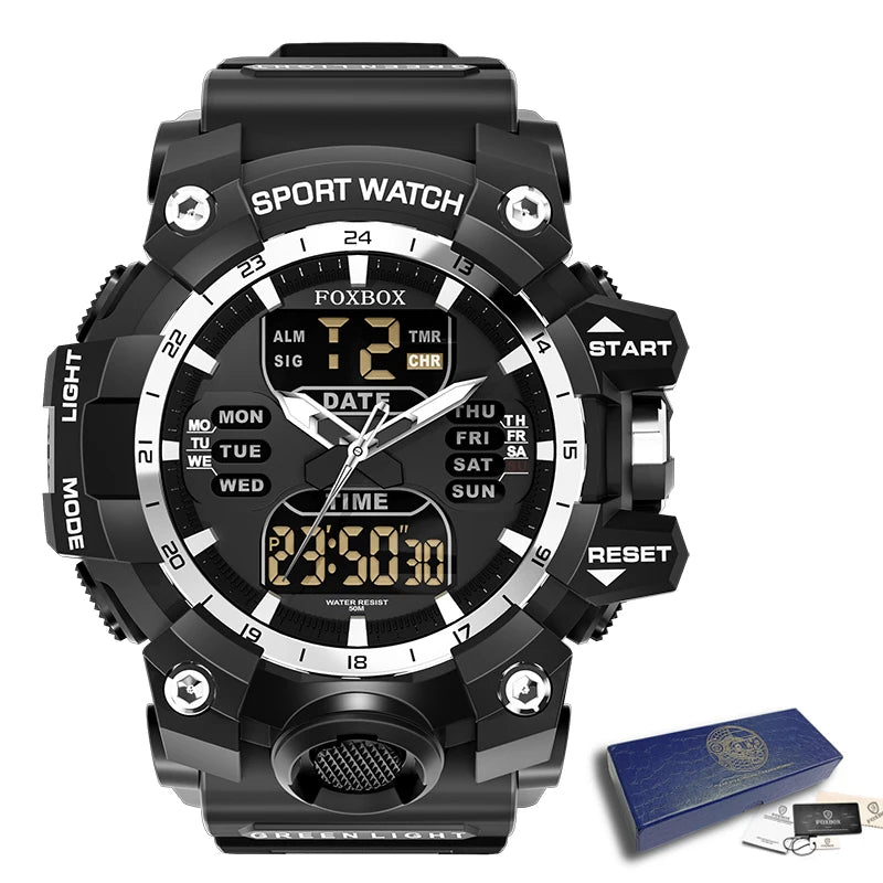 Relojes militares FOXBOX para hombre, LIGE, cronógrafo deportivo de lujo, alarma, reloj de pulsera impermeable, cuarzo, reloj grande digital para hombre.