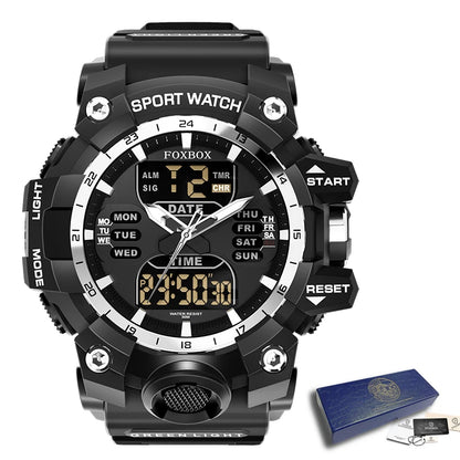 Relojes militares FOXBOX para hombre, LIGE, cronógrafo deportivo de lujo, alarma, reloj de pulsera impermeable, cuarzo, reloj grande digital para hombre.
