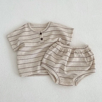 Ropa para niños de 0 a 3 años, conjunto de camiseta y pantalones cortos de algodón puro a rayas de verano, conjunto de manga corta para niñas y vacaciones en la playa