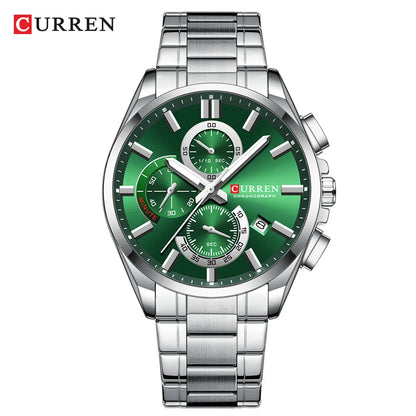 CURREN - Reloj cronógrafo de acero inoxidable para hombre con manecillas luminosas, tres subesferas, fecha automática, diseño moderno, de cuarzo
