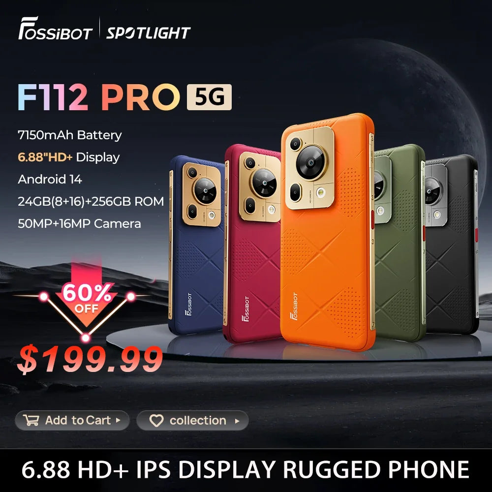 [Estreno mundial] Fossibot F112 PRO 5G Smartphone resistente, pantalla HD+ de 6,88", batería de 7150 mAh, 24 GB (8+16) + 256 GB, Android 14, cámara de 50 MP