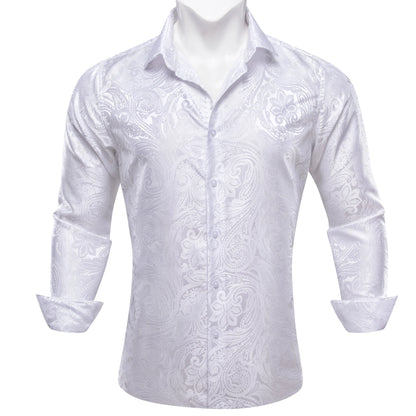 Camisas de seda de diseño para hombre en azul, dorado, verde, rojo, blanco y negro. Estampado cachemir bordado. Corte ajustado. Blusas casuales de manga larga.