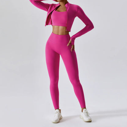 Conjunto de yoga de 3 piezas para mujer, conjuntos de entrenamiento, ropa deportiva para gimnasio, ropa deportiva con cremallera, leggings de manga larga y cintura alta, trajes deportivos, traje de yoga