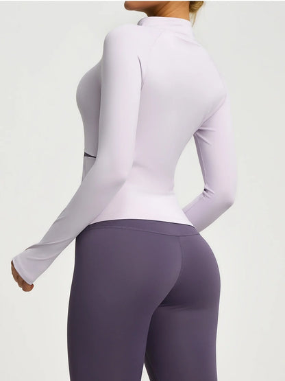 Conjuntos de yoga con contraste de colores para mujer, chaqueta deportiva de manga larga sin costuras con cremallera, leggings adelgazantes de cintura alta, chándal de fitness