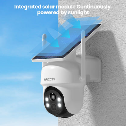 Kit de cámara solar WiFi ARCCTV de 4 MP para exteriores con sistema de vigilancia inalámbrico, sirena, detección de humanoides y audio bidireccional.
