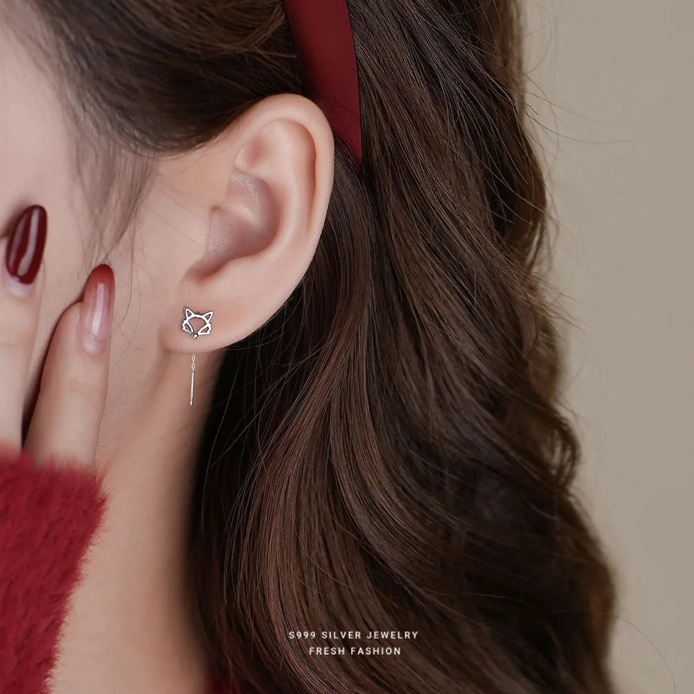 Pendientes colgantes sencillos de plata pura S999 con forma de animal Mori Girls, con borlas de zorro, bonitos y largos, joyería fina