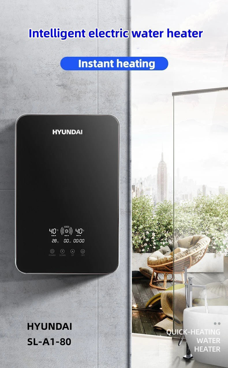 Calentador de agua eléctrico pequeño HYUNDAI con calentamiento rápido e instantáneo, temperatura constante inteligente y pantalla en inglés para ducha o baño.