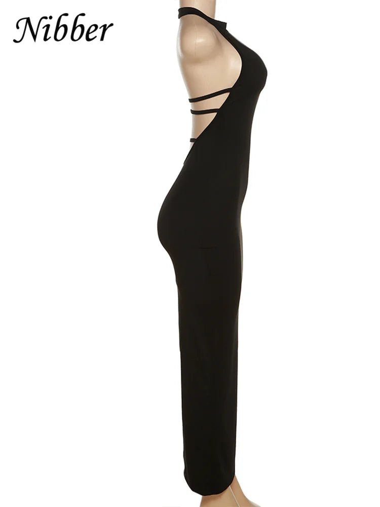 Vestido Nibber de moda para mujer, color liso, halter, sexy, espalda descubierta, abertura, bolso, corte ajustado, estilo cadera, colección verano 2025, rebajas, sencillo, vestidos