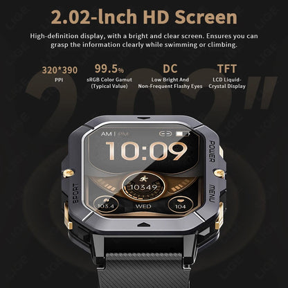 Reloj inteligente con Bluetooth de 2,02 pulgadas para hombre y mujer, batería de 410 mAh, resistente al agua hasta 1 ATM, monitor de ritmo cardíaco y salud, para deportes al aire libre