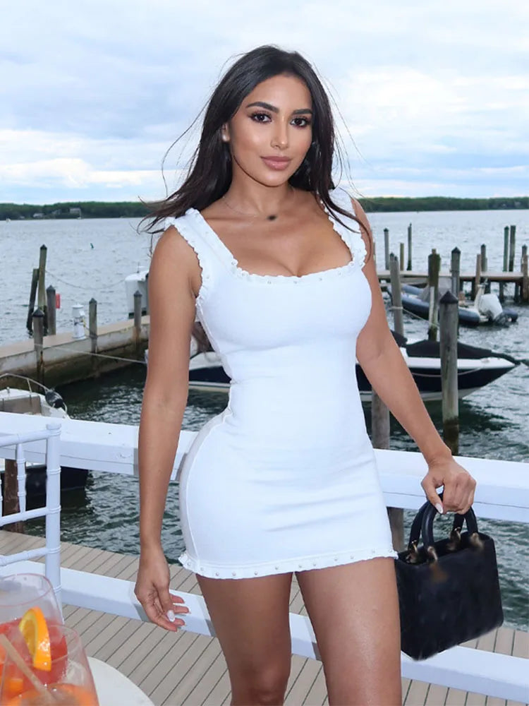 Vestido de verano sexy y ajustado para mujer HH, 2 colores lisos, cuello cuadrado, sin mangas, espalda descubierta, decoración floral.