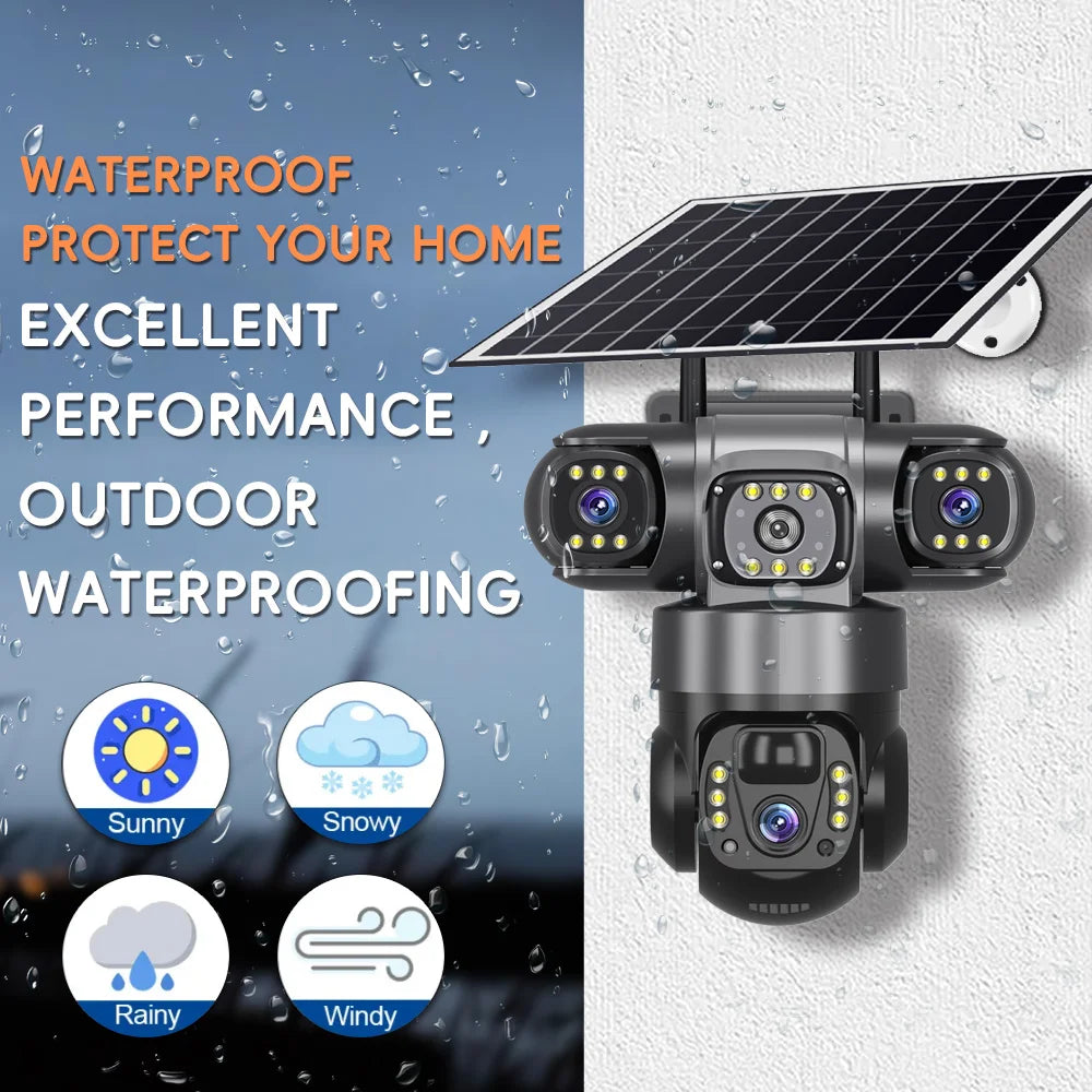 Cámara solar WiFi V380 Pro de 15 MP con 3 lentes, 3 pantallas, zoom 10x, detección de movimiento, resistente al agua, visión nocturna y protección CCTV.