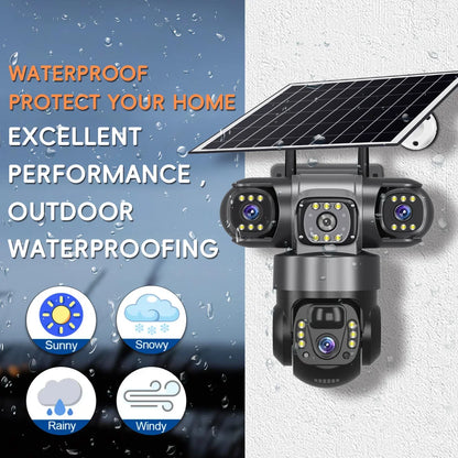 Cámara solar WiFi V380 Pro de 15 MP con 3 lentes, 3 pantallas, zoom 10x, detección de movimiento, resistente al agua, visión nocturna y protección CCTV.