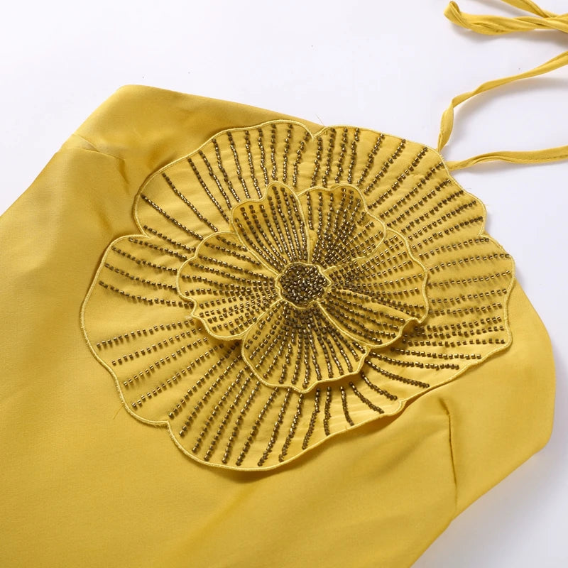 Elegante vestido de fiesta para mujer, con flores 3D, estilo halter, sin mangas, espalda descubierta, de satén estilo sirena, para mujer, verano 2025, elegante vestido de noche para mujer.