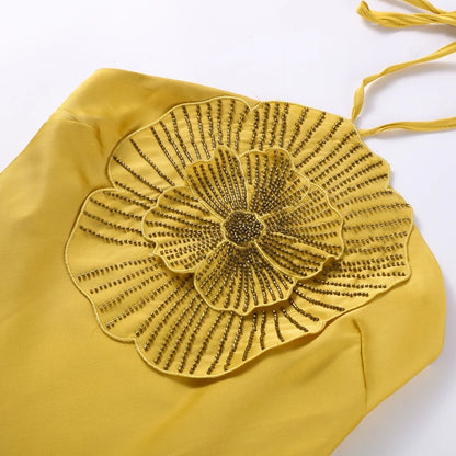 Elegante vestido de fiesta para mujer, con flores 3D, estilo halter, sin mangas, espalda descubierta, de satén estilo sirena, para mujer, verano 2025, elegante vestido de noche para mujer.