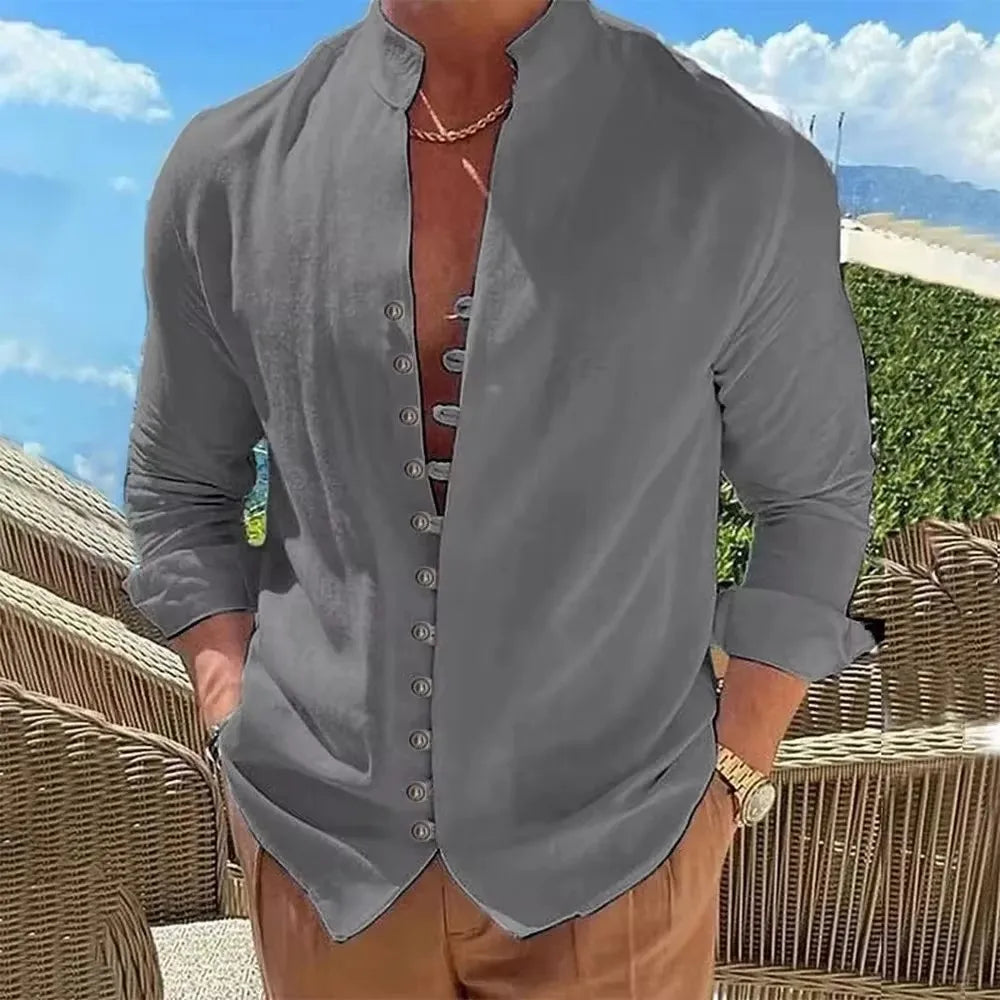 Camisa de lino y algodón para hombre, de primavera y otoño, gran oferta, camisas de manga larga para hombre, color liso, con botones, estilo informal, talla grande