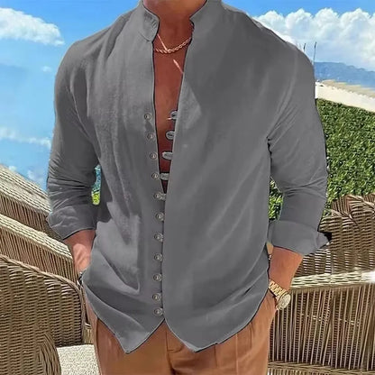 Camisa de lino y algodón para hombre, de primavera y otoño, gran oferta, camisas de manga larga para hombre, color liso, con botones, estilo informal, talla grande