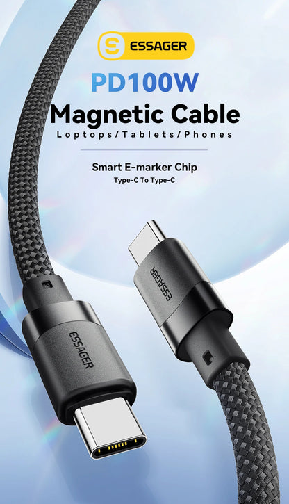 Cable de carga rápida USB-C a C Essager PD de 100 W con succión magnética y antienrollamiento para iPhone 15, portátil y Samsung.