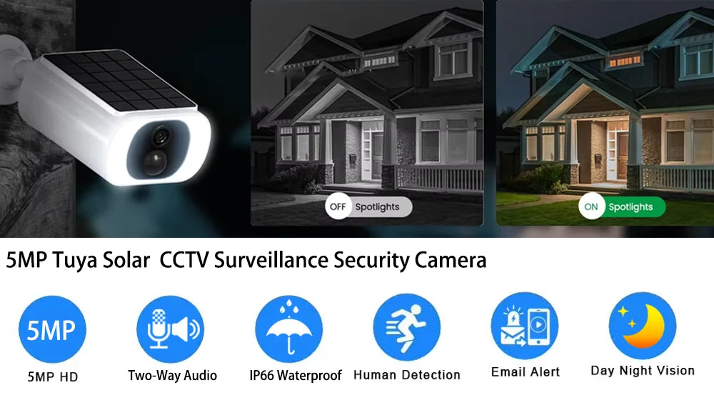 Cámara solar inalámbrica Tuya de 5 MP con wifi, alimentada por batería, para exteriores, 2K, IP66, con sensor PIR, para videovigilancia y seguridad tipo bala.