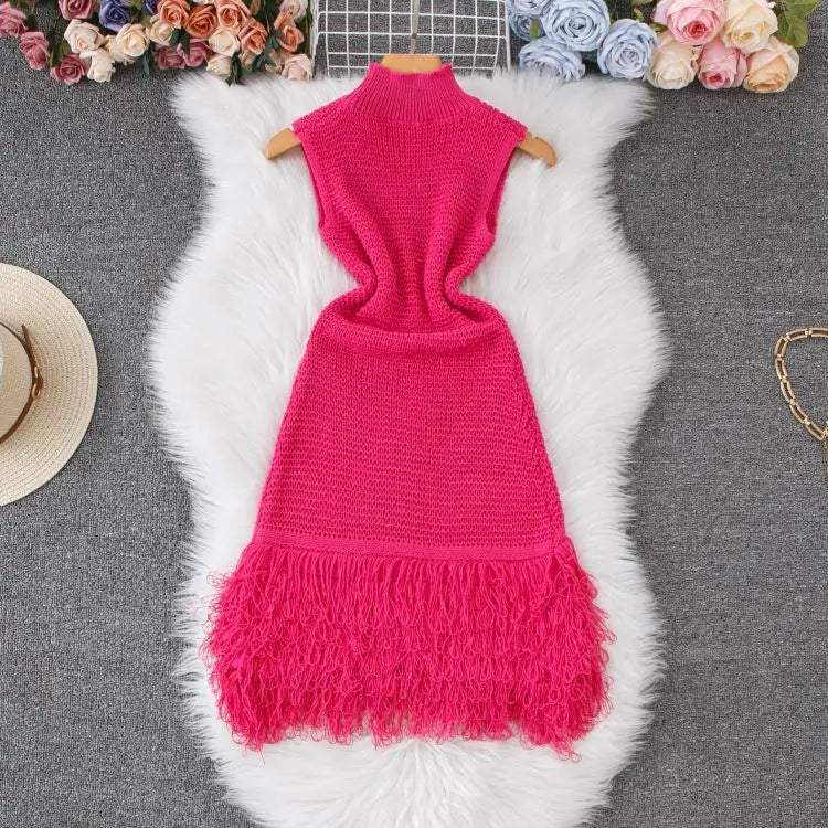 Vestido corto de punto con borlas, cuello redondo, sin mangas, con detalle calado de ganchillo y elástico, estilo ajustado, ideal para la playa o para usar a diario.